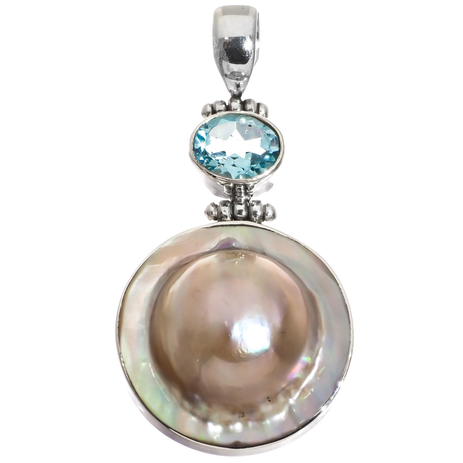 925 Silver Blue Topaz South Sea Cultured Blister Mabe Pearl Pendant, 1 3/4″