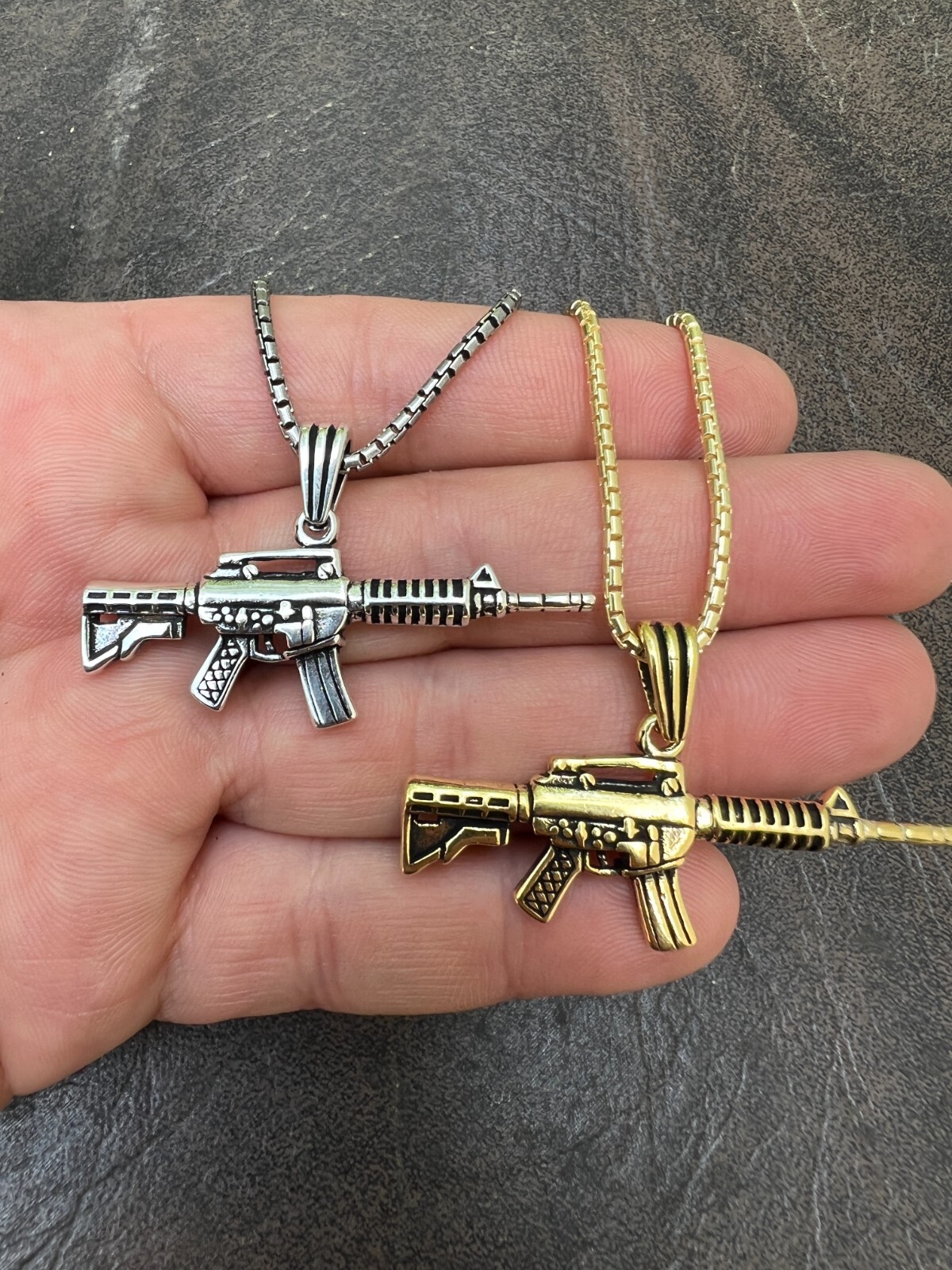 Real 925 Silver / 14k Gold Plated AR Gun Rifle Pendant Necklace Military Charm