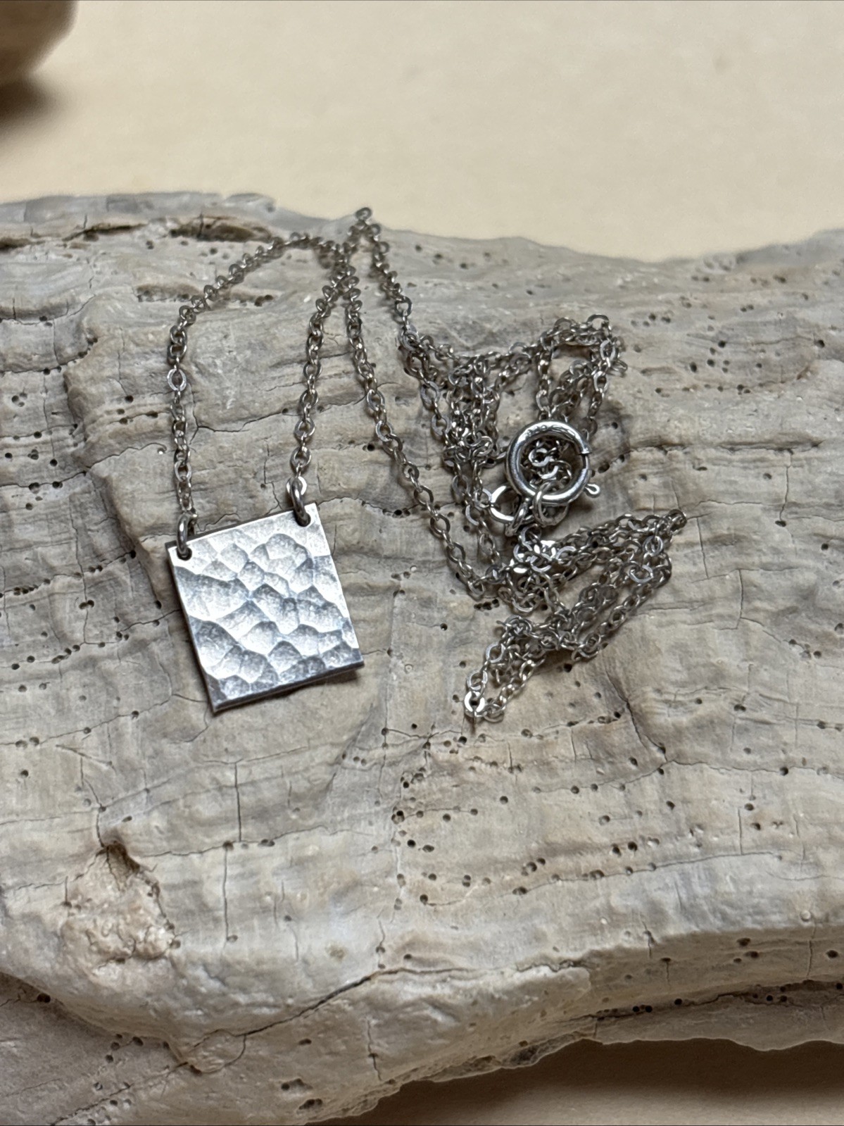 Minimalist Sterling Silver Necklace Square Hammered Pendant 17”