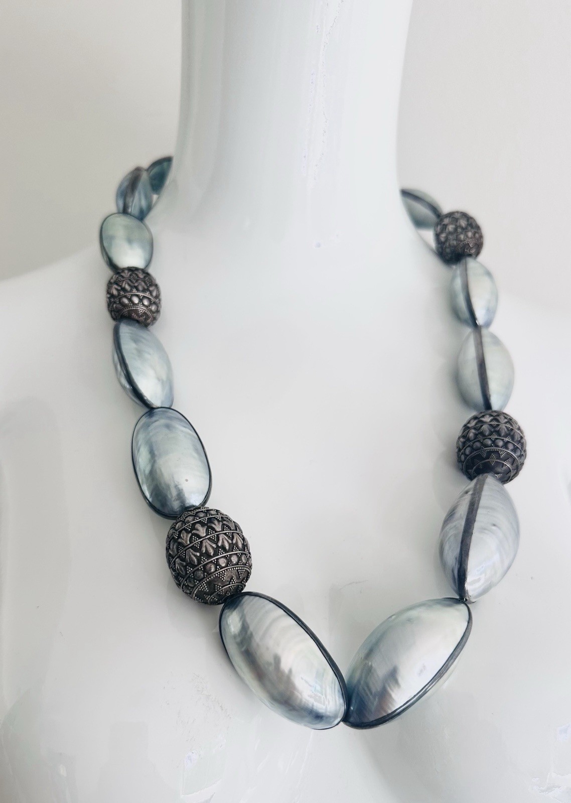Rare Nautilus Osmena Pearl Antique 925 Silver Necklace 70cm Blue-Gray Iridescent