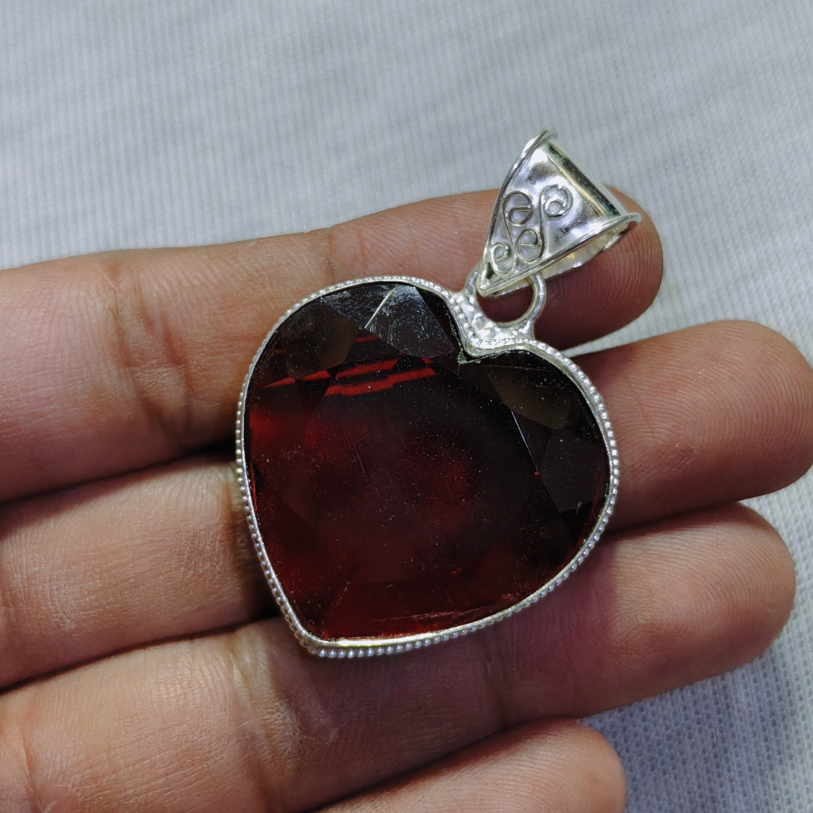 Red Garnet Quartz Gemstone Pendant Handmade Sterling Silver Heart Cut Pendant