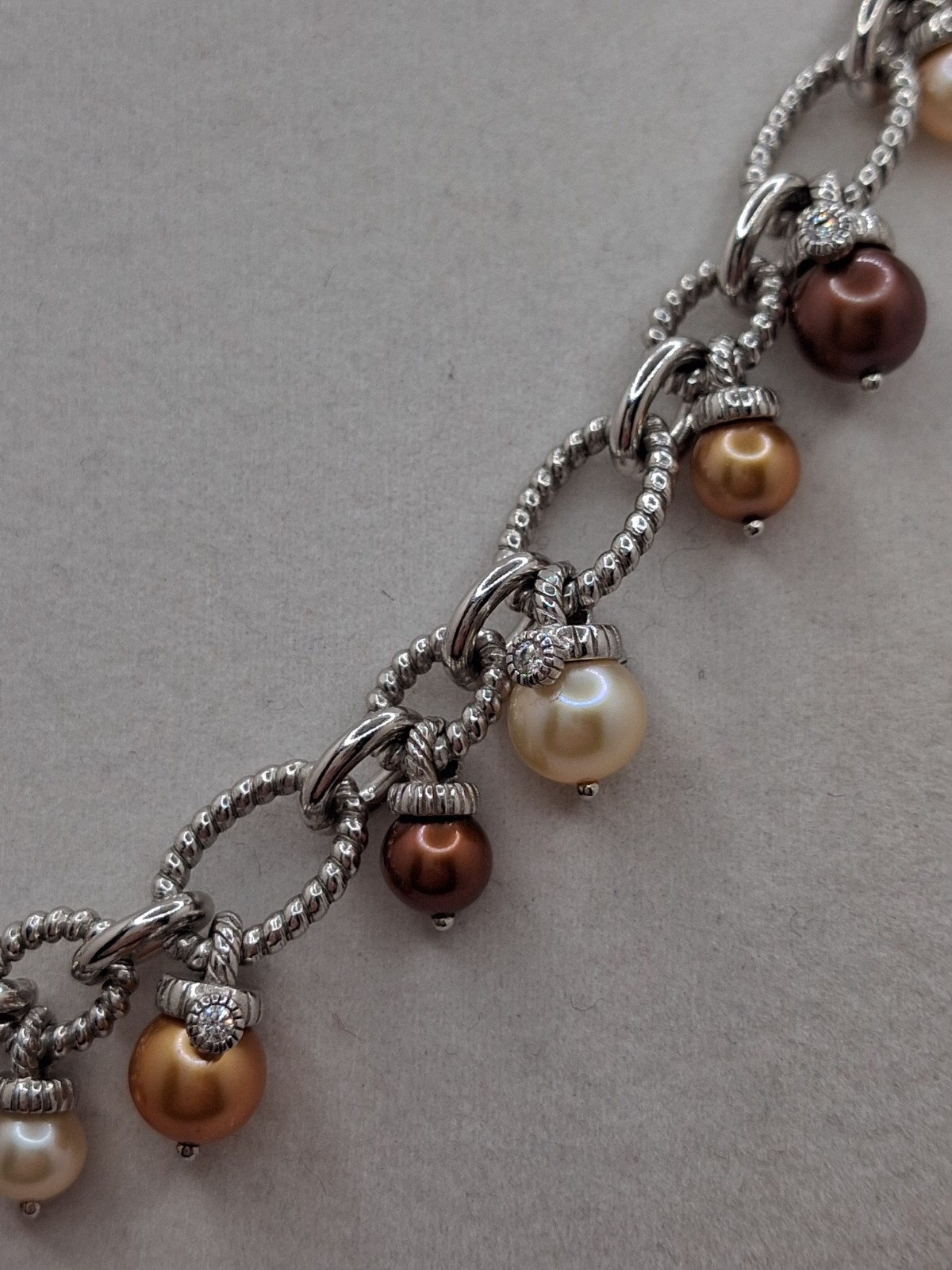 Judith Ripka S925 Multi Gold/Champagn/Choc Cultured Pearl Dangle Necklace-17-19″