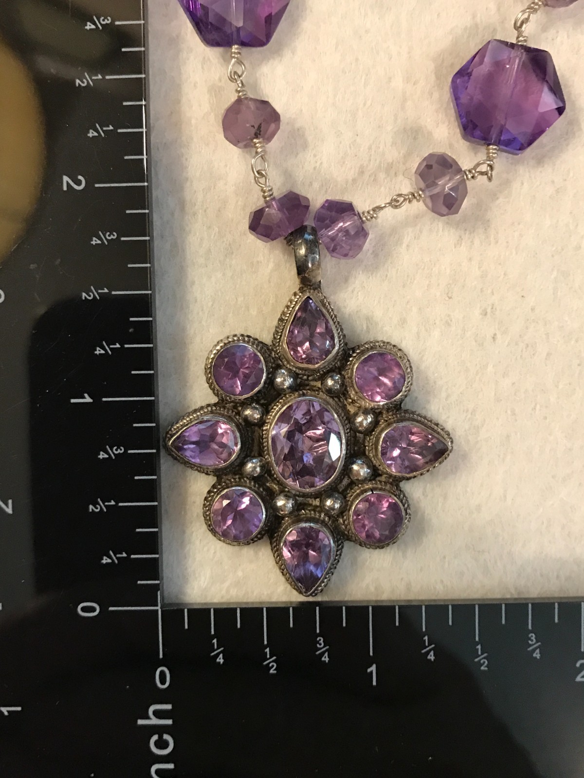Vintage Faceted Amethyst Flower 16″ Sterling Silver Toggle Necklace Unknown Mark