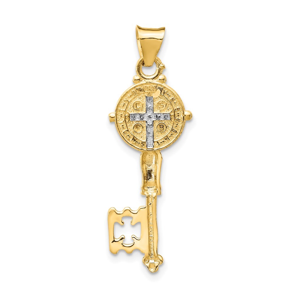 14k Yellow Gold with White Solid St. Benedict 2-Sided Cross Key Pendant 1.13 g