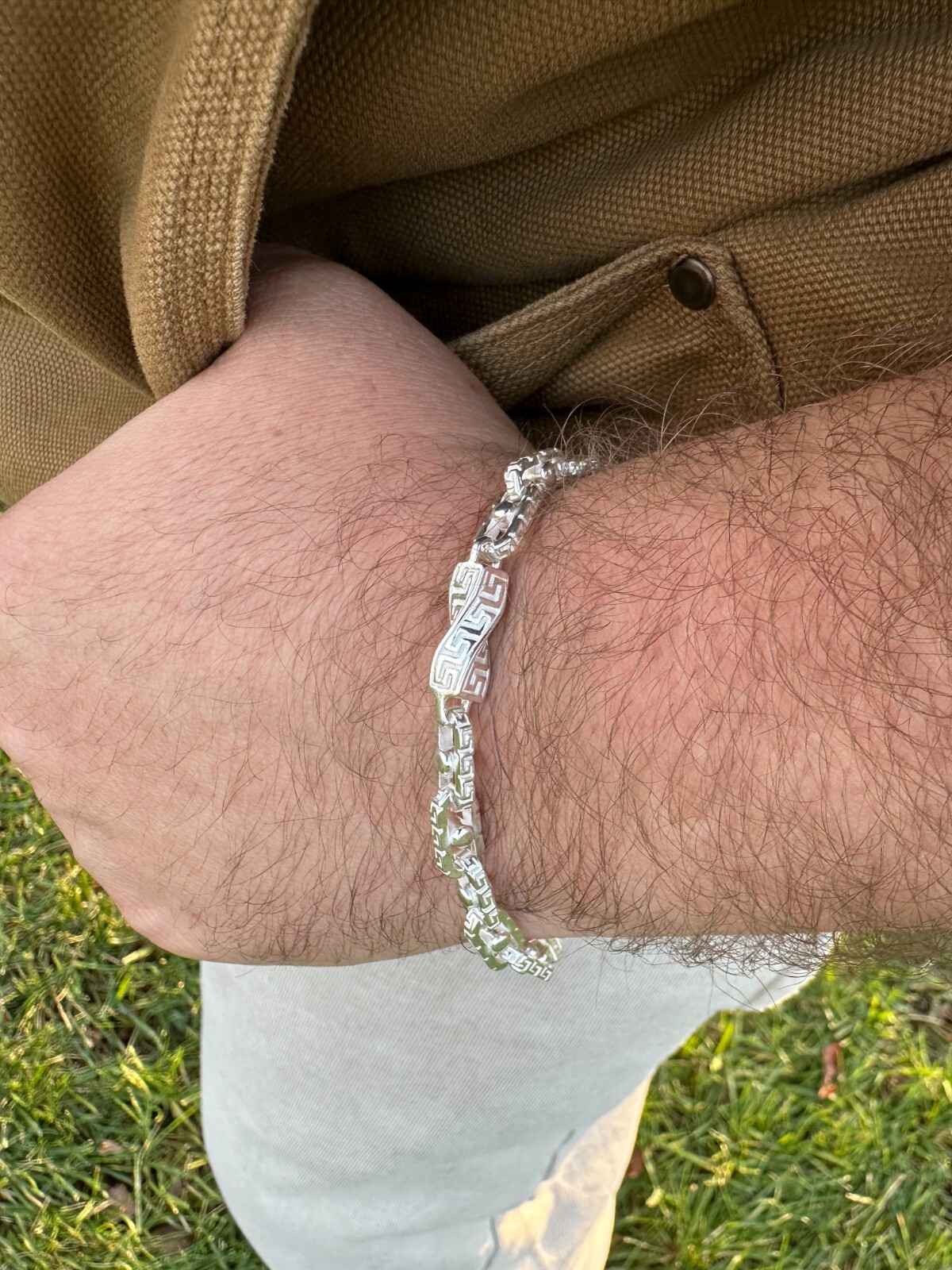 Real 7mm 925 Sterling Silver Custom Greek Key Hermes Rolo Link Chain Bracelet