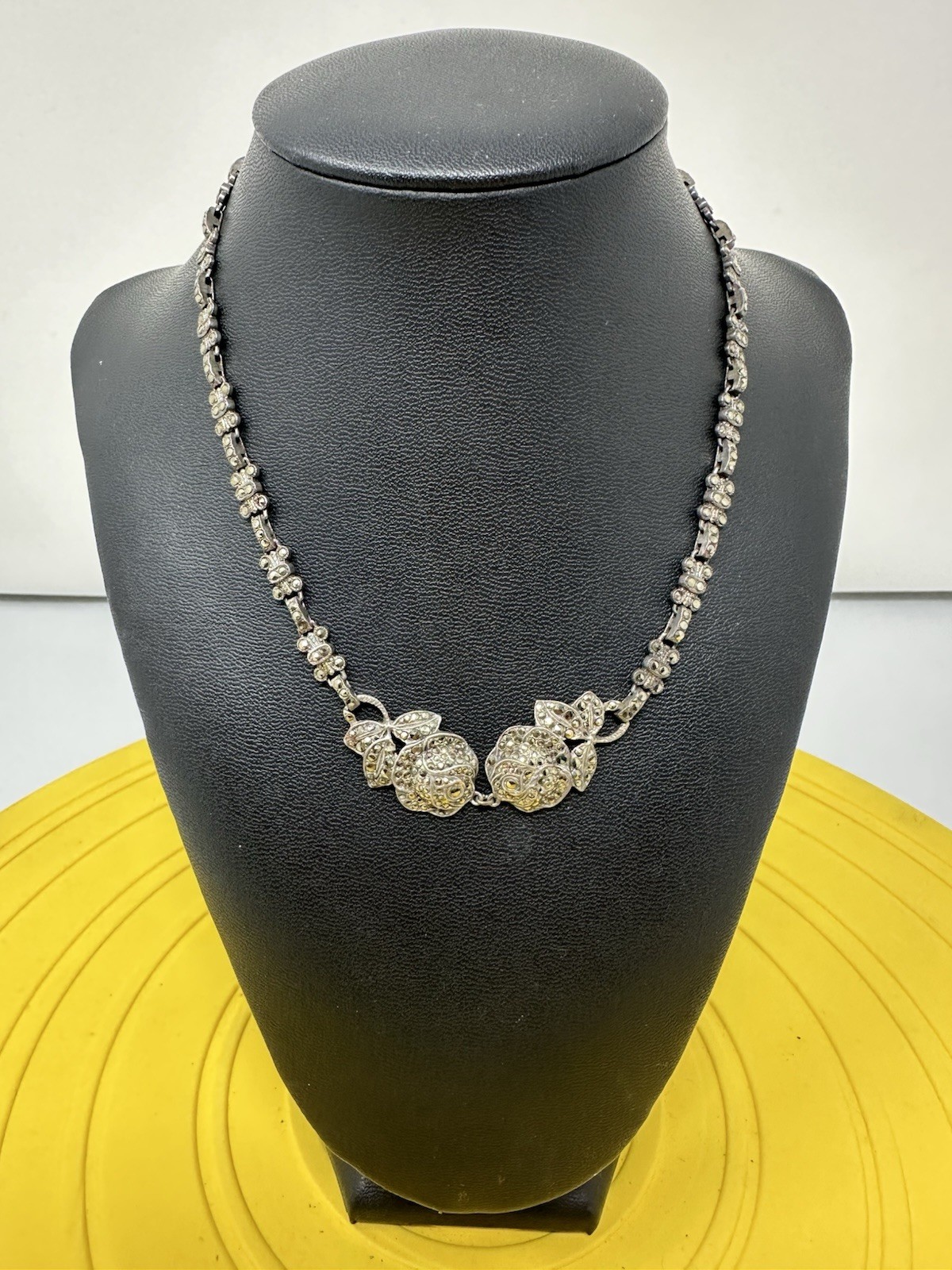 Sterling Silver Marcasite 2 Rose Pendant Choker Necklace Elegant Chic 33g 16 In
