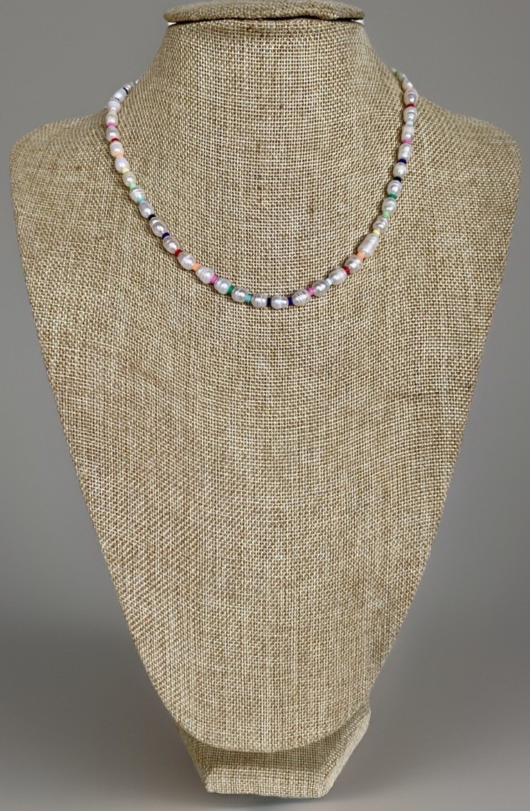 Adjustable Freshwater Baroque Pearl Necklace, Multi-Color Spacers 16″ – 18-1/4″