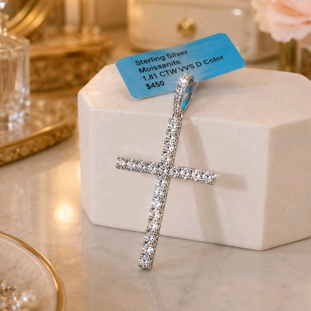 NWT 925 Sterling Silver Moissanite Cross Pendant 1.81 CTW VVS D 2″ Religious