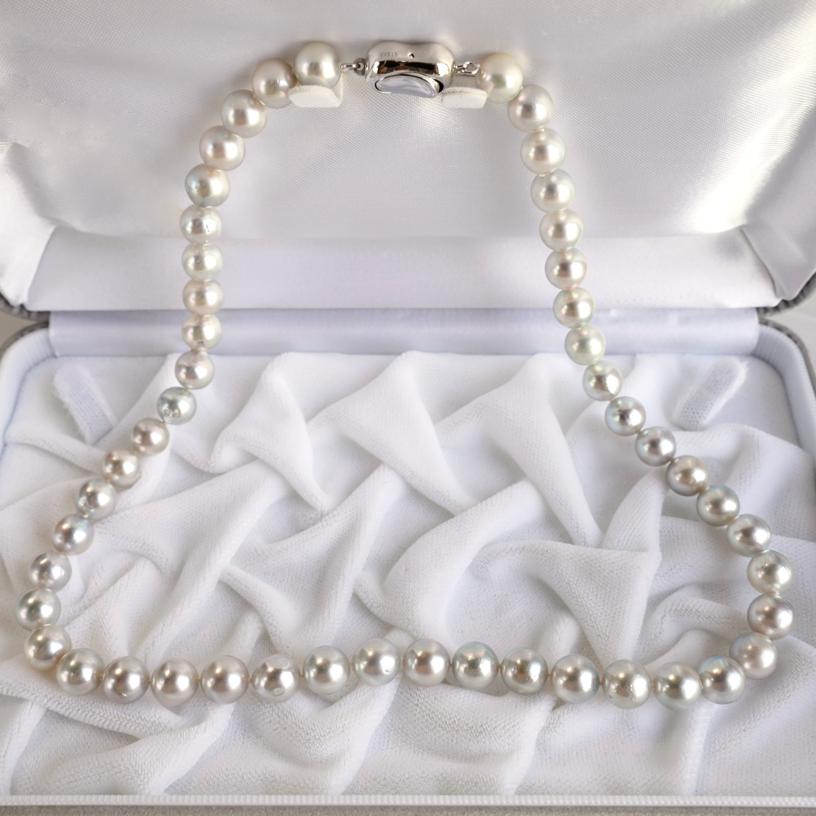 8-8.5mm Near Round Silver Japanese Akoya Pearl Necklace Sterling Silver,17.5″