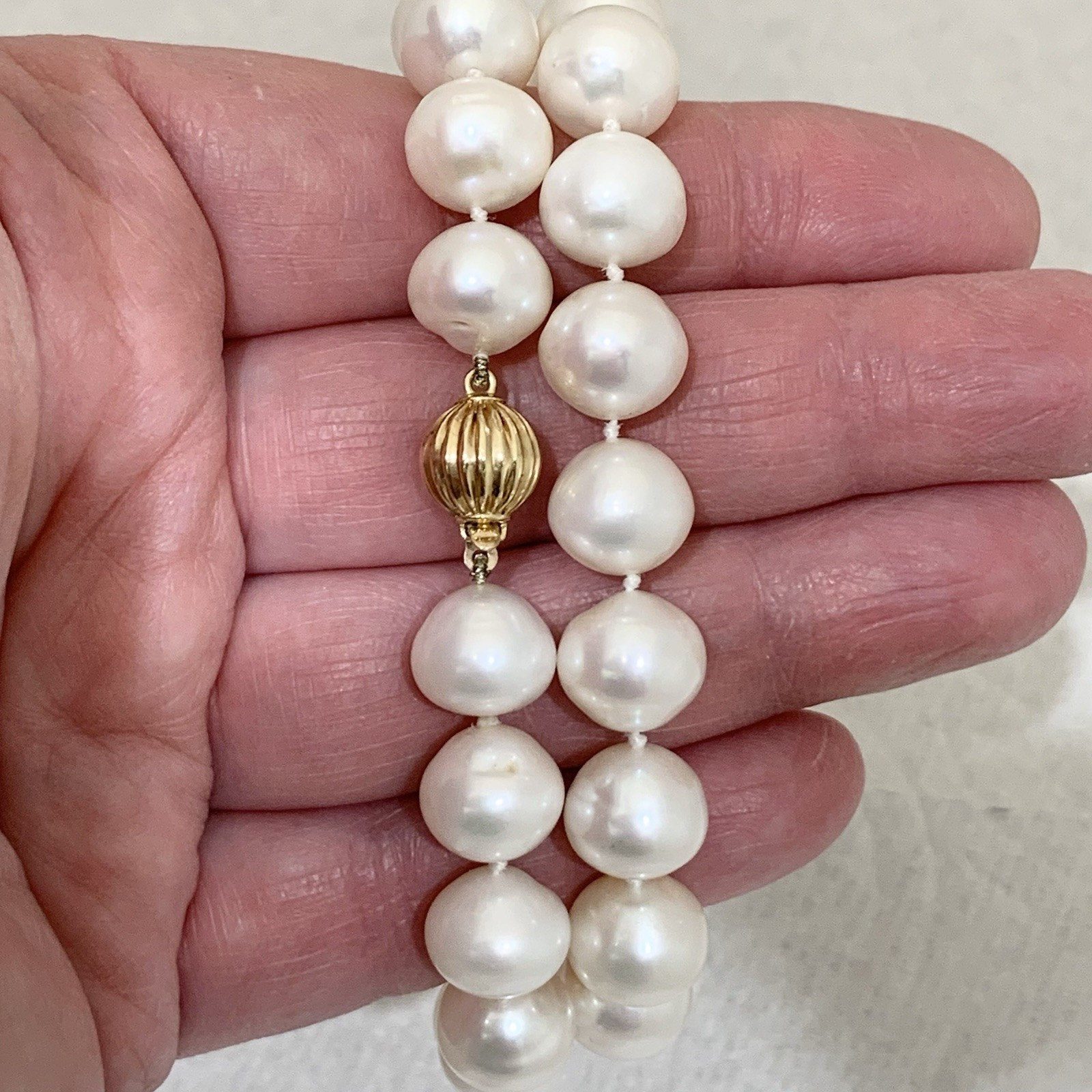 BIG Pearl Necklace 11mm 14k Yellow Gold 62.33gr White SouthSea style FIC 16” WOW