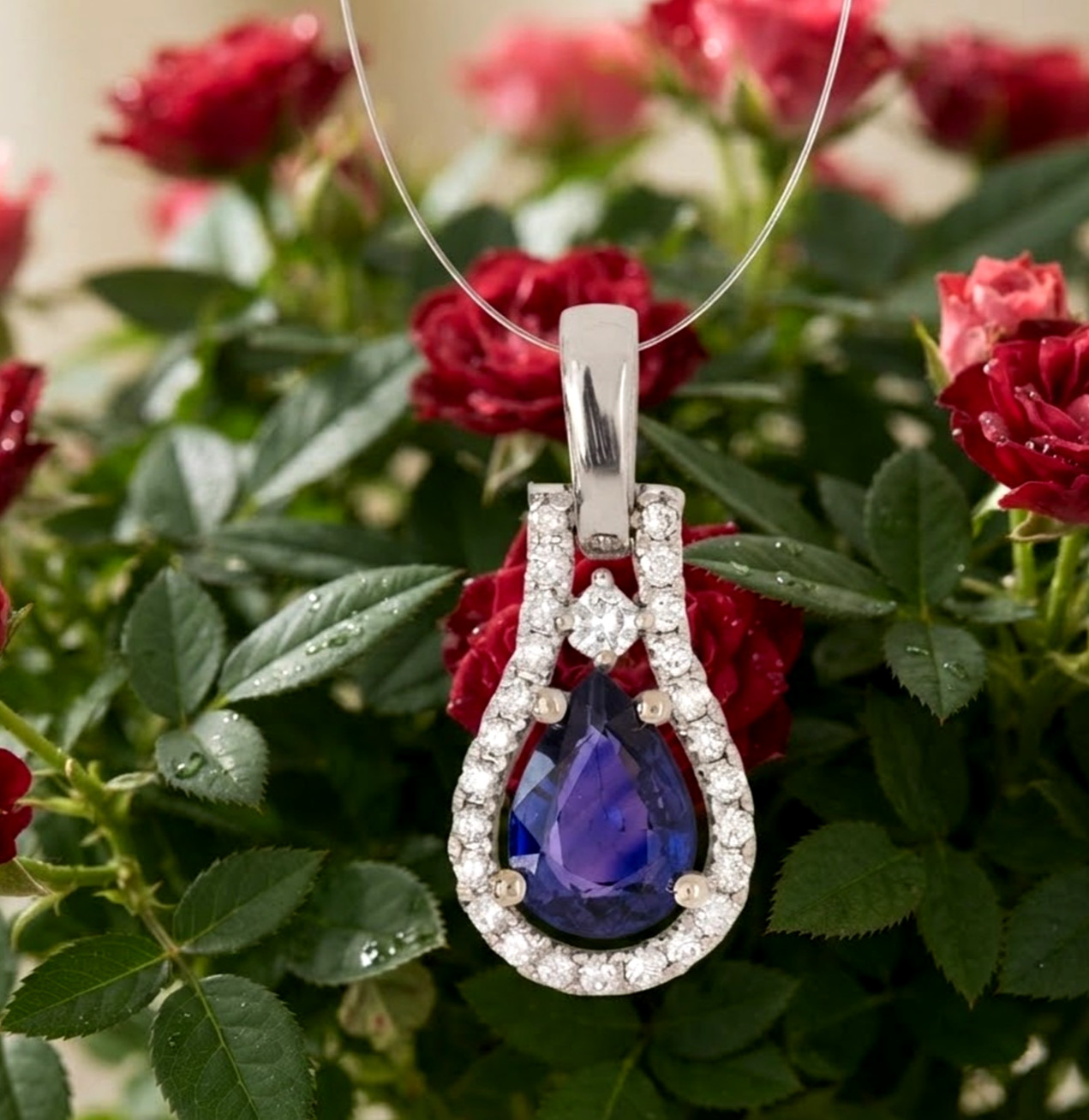 0.54ct Natural Round Diamond 14k BIS Hallmarked White Gold Sapphire Pendant