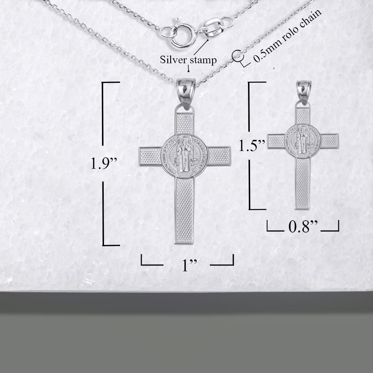 .925 Sterling Silver Saint Benedict Medal Cross Reversible Pendant Necklace S/L