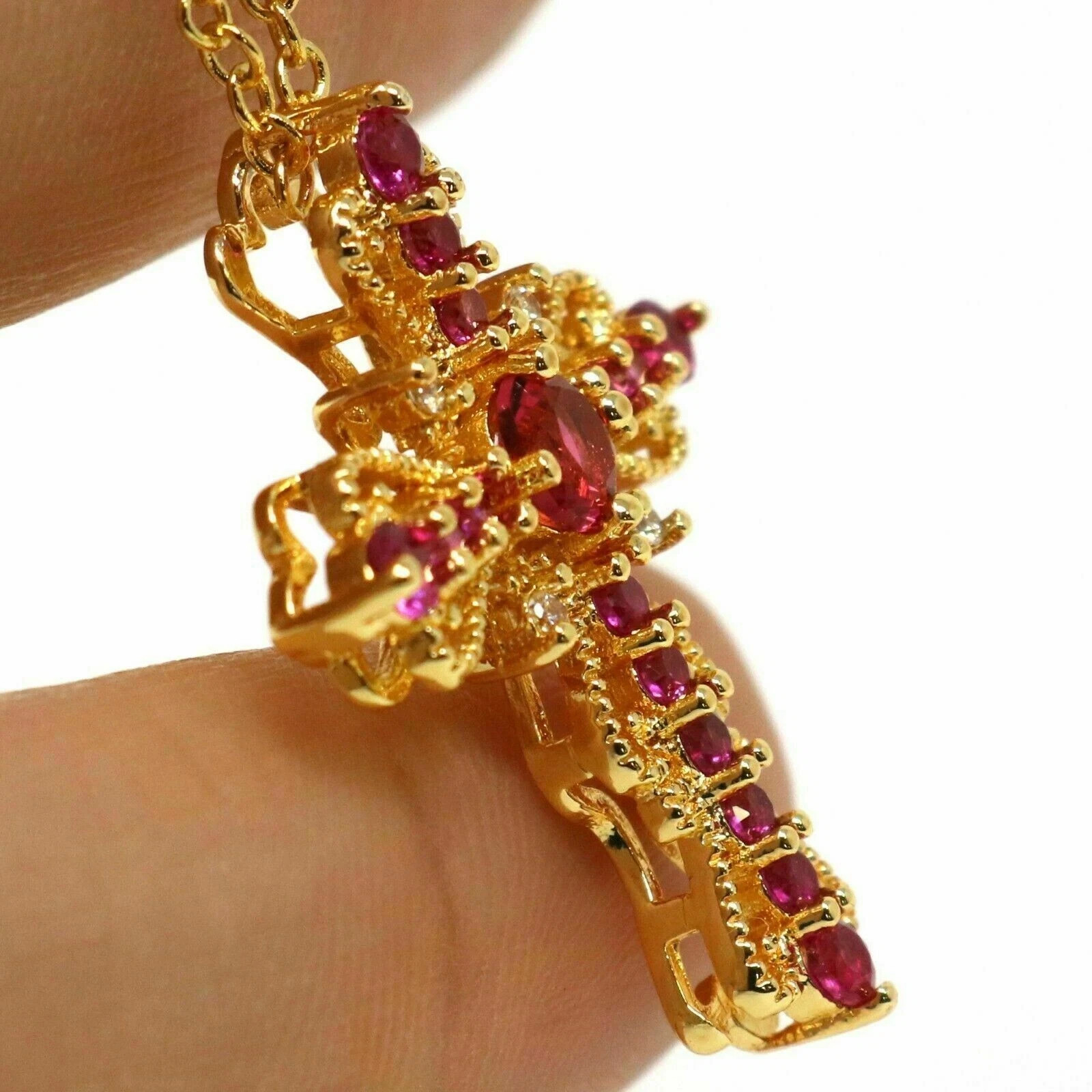 3Ct Round Cut Red Ruby Diamond Cross Pendant 14K Yellow Gold Over 18″Free Chain