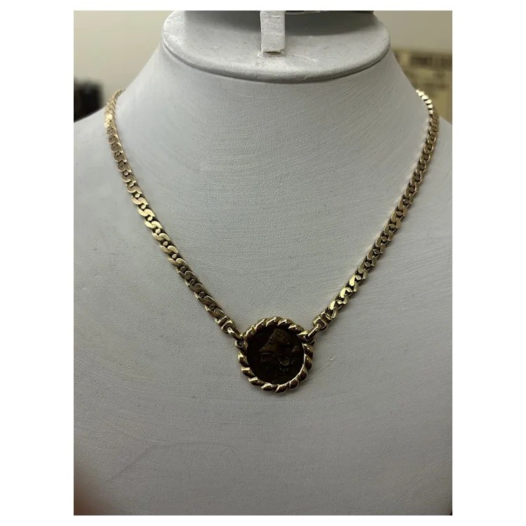 14K Yellow Gold Bronze Roman Soldier Coin Necklace