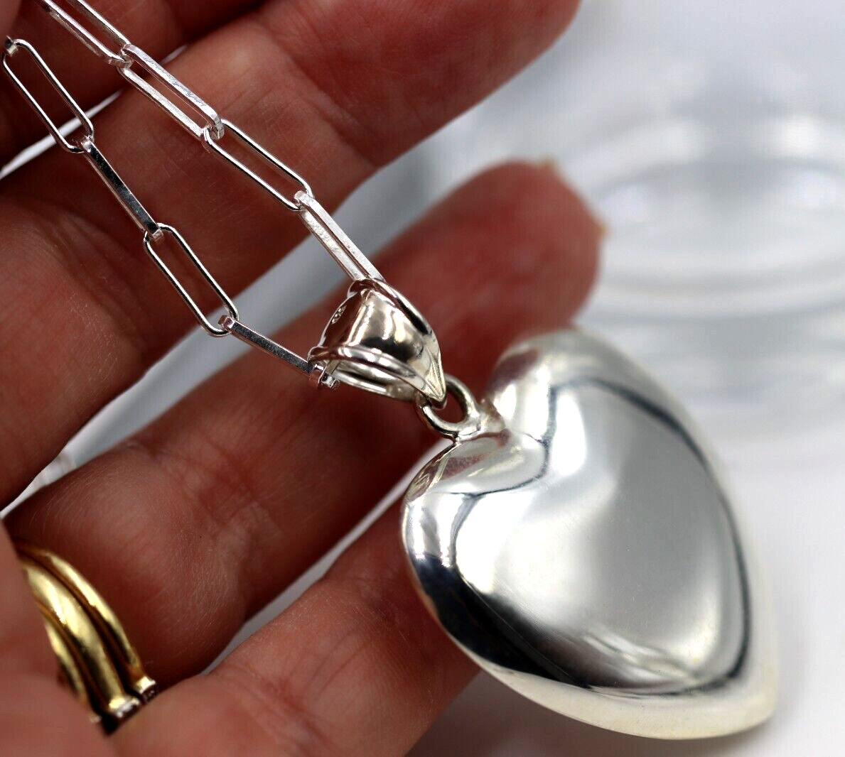Sterling Silver 925 Paperclip 70cm Necklace + Lg Puffy Heart Pendant -Free Post