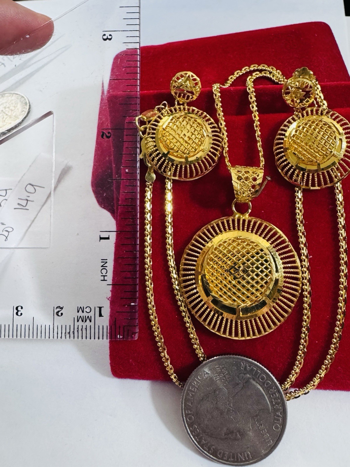 WOMENS 22K 22C 916 Real Gold 20” long Round Set Earrings Necklace 14.9g 2.2mm
