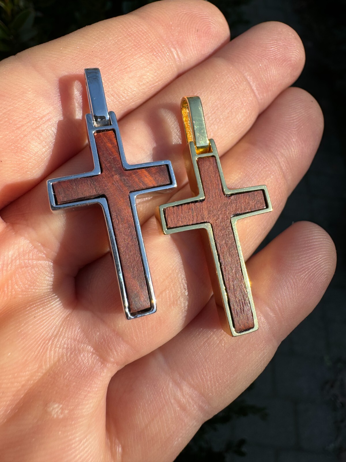 Real 925 Silver & Wood Inlay Plain Religious Cross Pendant Necklace Handmade
