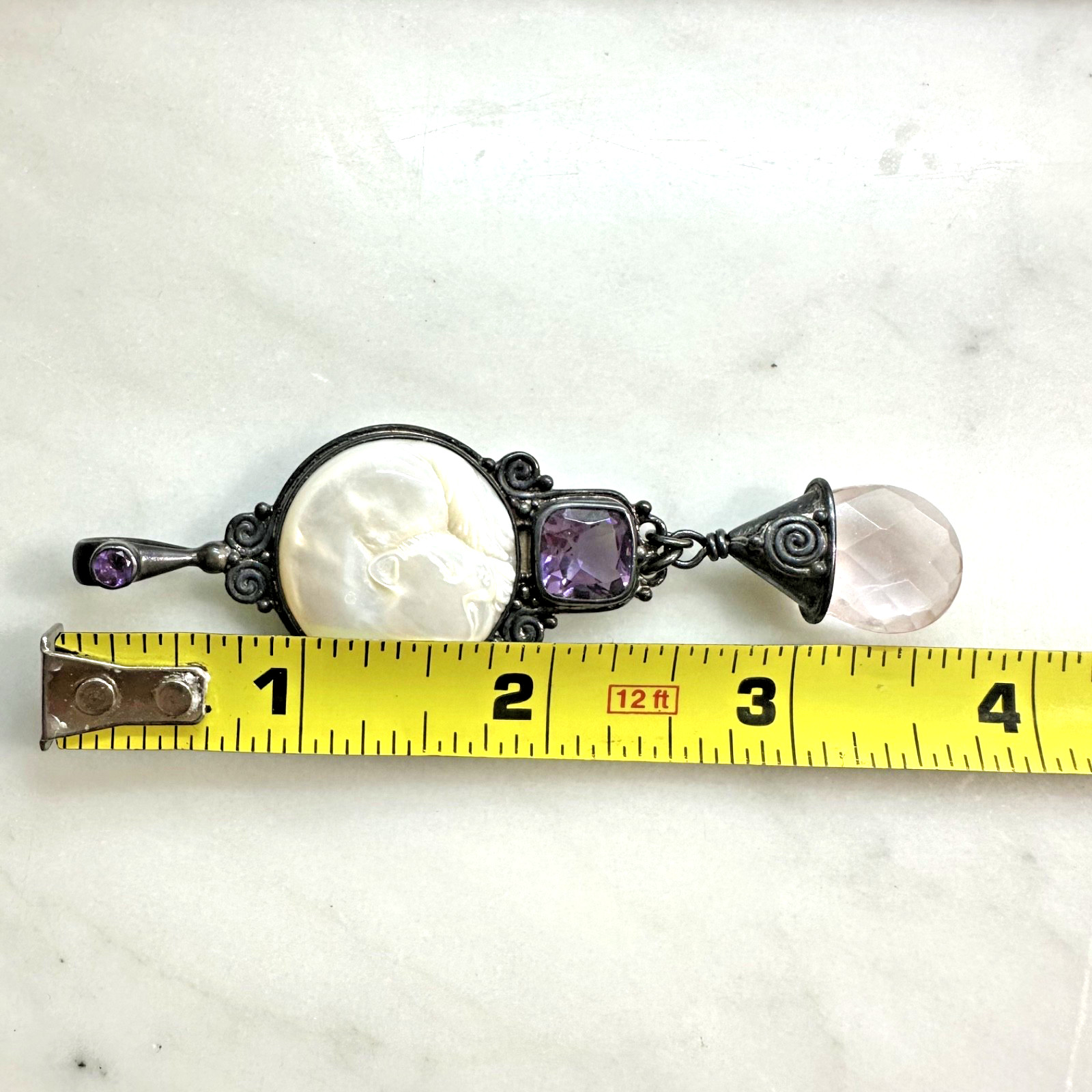 SAJEN STERLING SILVER CARVED MOP CAT AMETHYST & ROSE QUARTZ DANGLE PENDANT