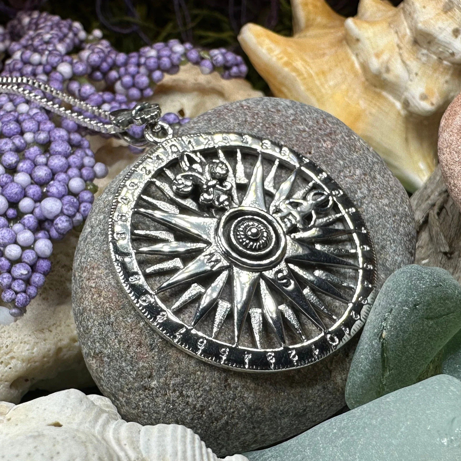 Compass Necklace Sterling Silver Fleur de Lis 925 Pendant Nautical Beach W/CHAIN