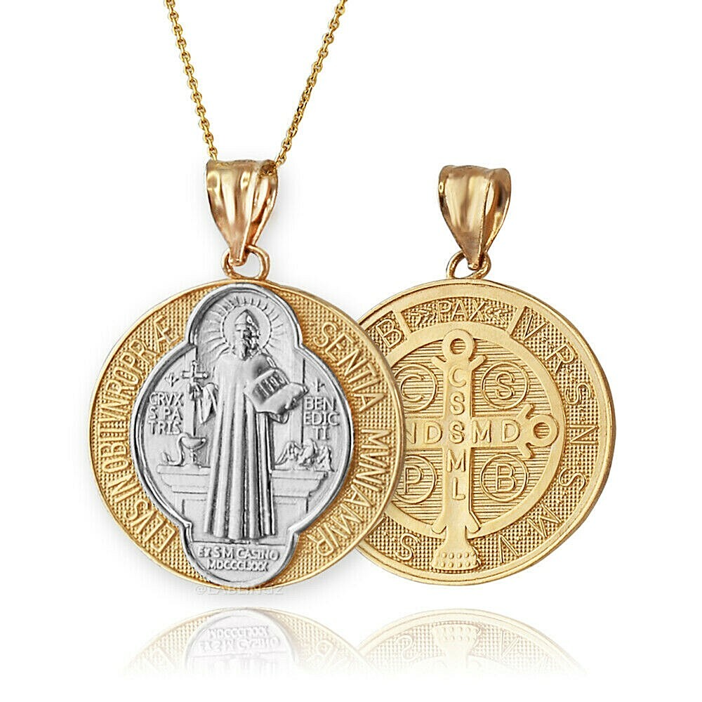 Gold Saint Benedict Medal Reversible Pendant Necklace – 10k & 14k Yellow, White