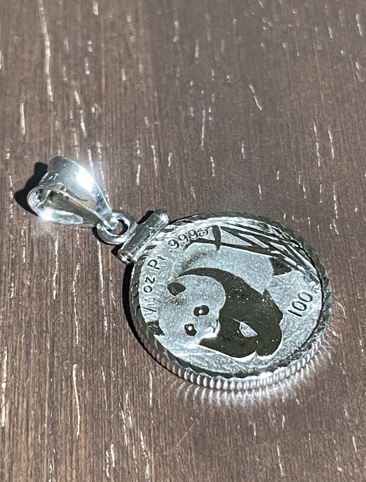 14K Solid White Gold Bezel Amulet with 1/10 Oz. Chinese Platinum Bullion Coin!