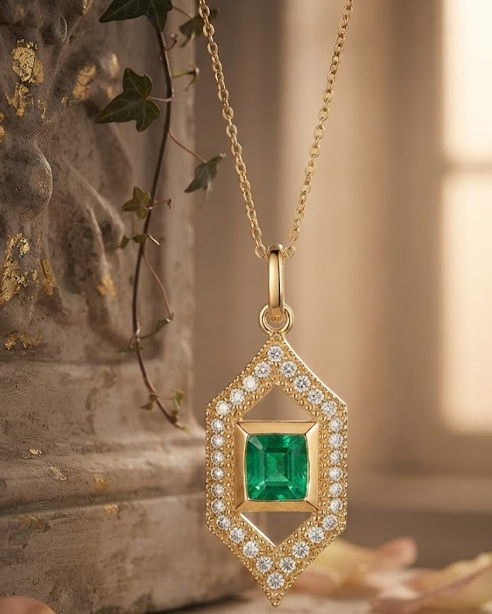 0.60ct Natural round diamond 14k BIS Hallmarked yellow gold Emerald Pendant