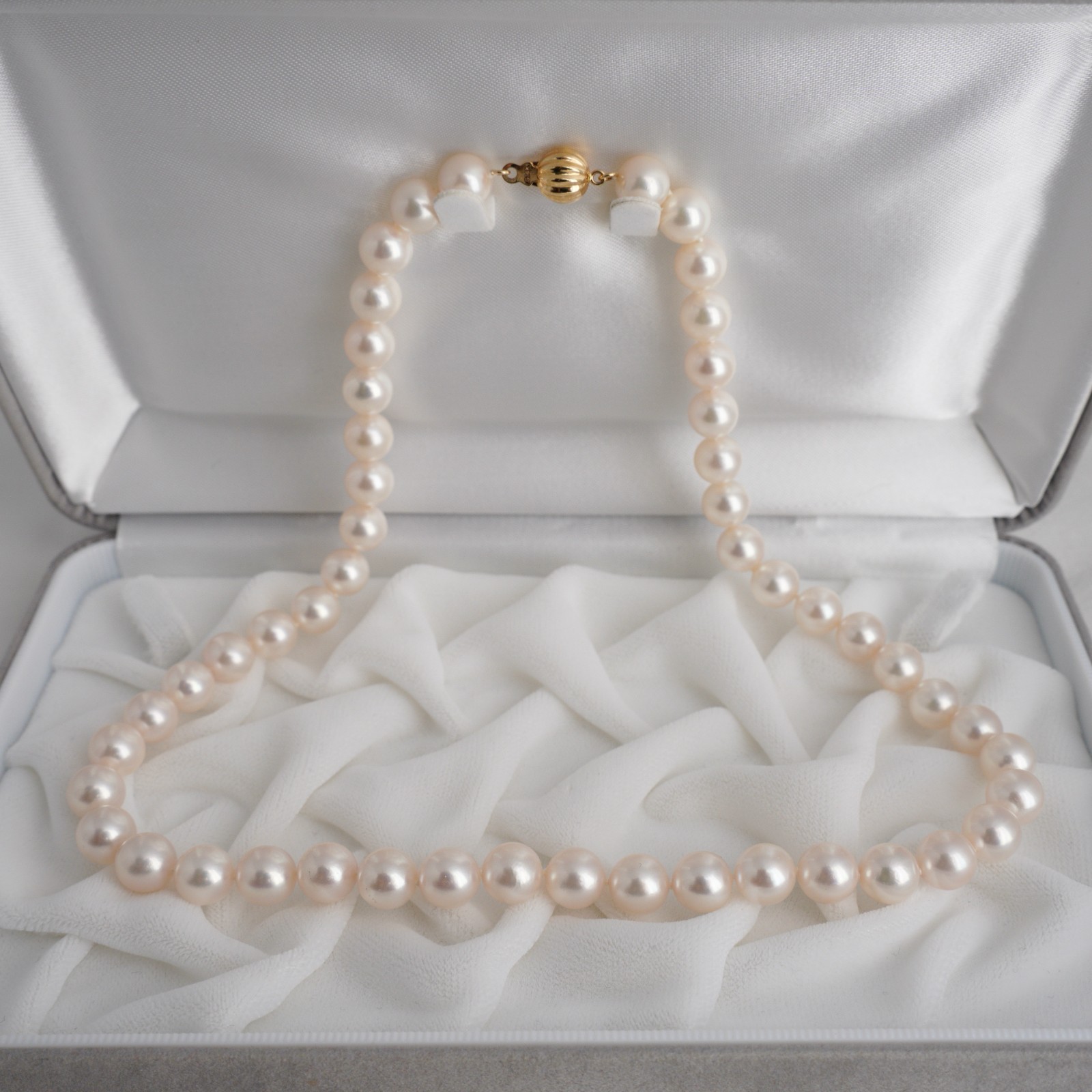 8-8.5MM White-Rose Japanese Akoya Pearl Strand Necklace 14K Yellow Gold,17.7″