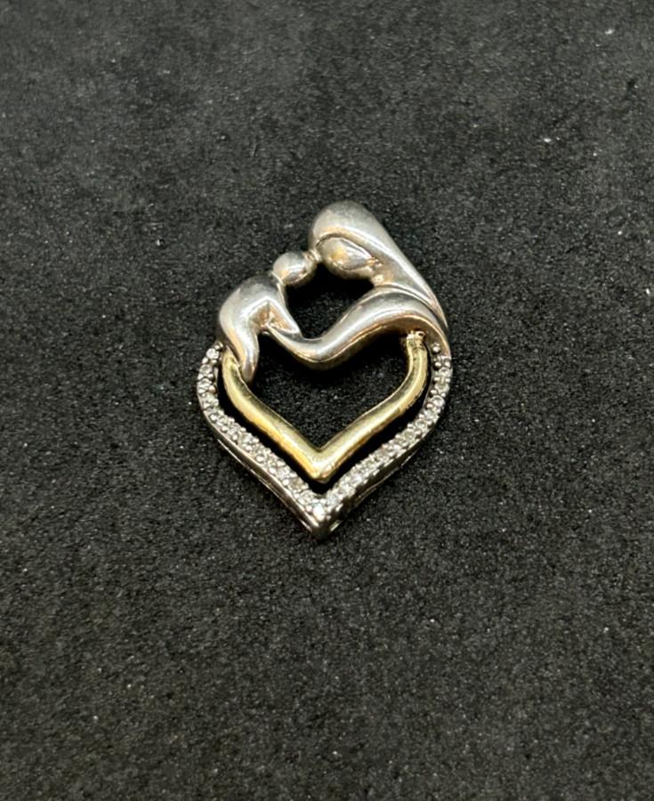 925 Sterling Silver 14k Gold Diamond Mother Child Heart Pendant 0.75in – 2.1g