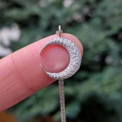 1.22Ct Round Cut Lab Created Diamond Moon Shape Pendant 14k White Gold Plated