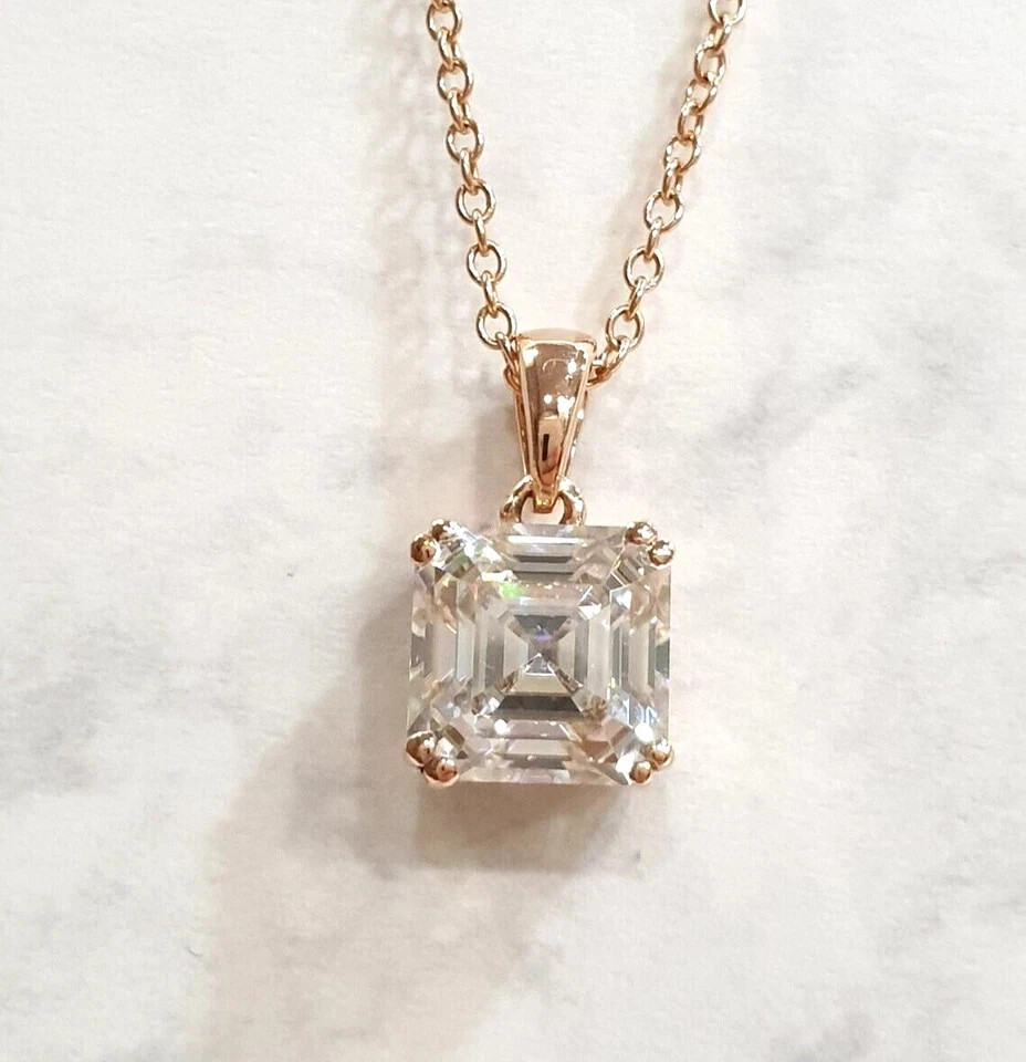2Ct Asscher Cut Moissanite Solitaire Pendant Necklace 18″ 14K Rose Gold Plated