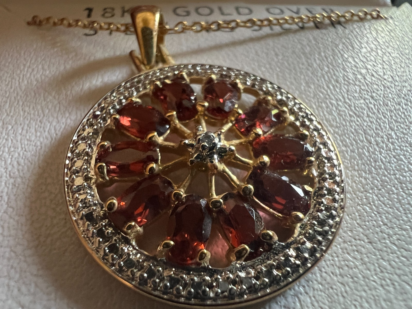 925 Sterling Silver Oval Garnets Diamond Accent Round Pendant & Necklace