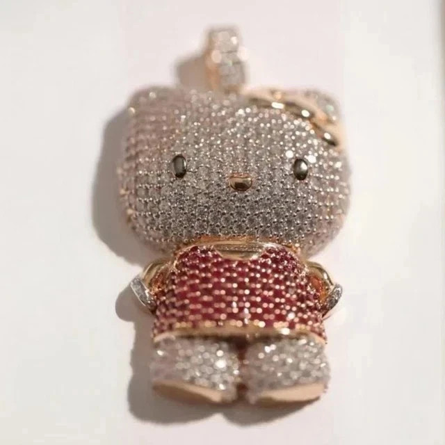 Real Moissanite 2.70Ct Round Cut Hello Kitty Pendant 14K Yellow Gold Plated