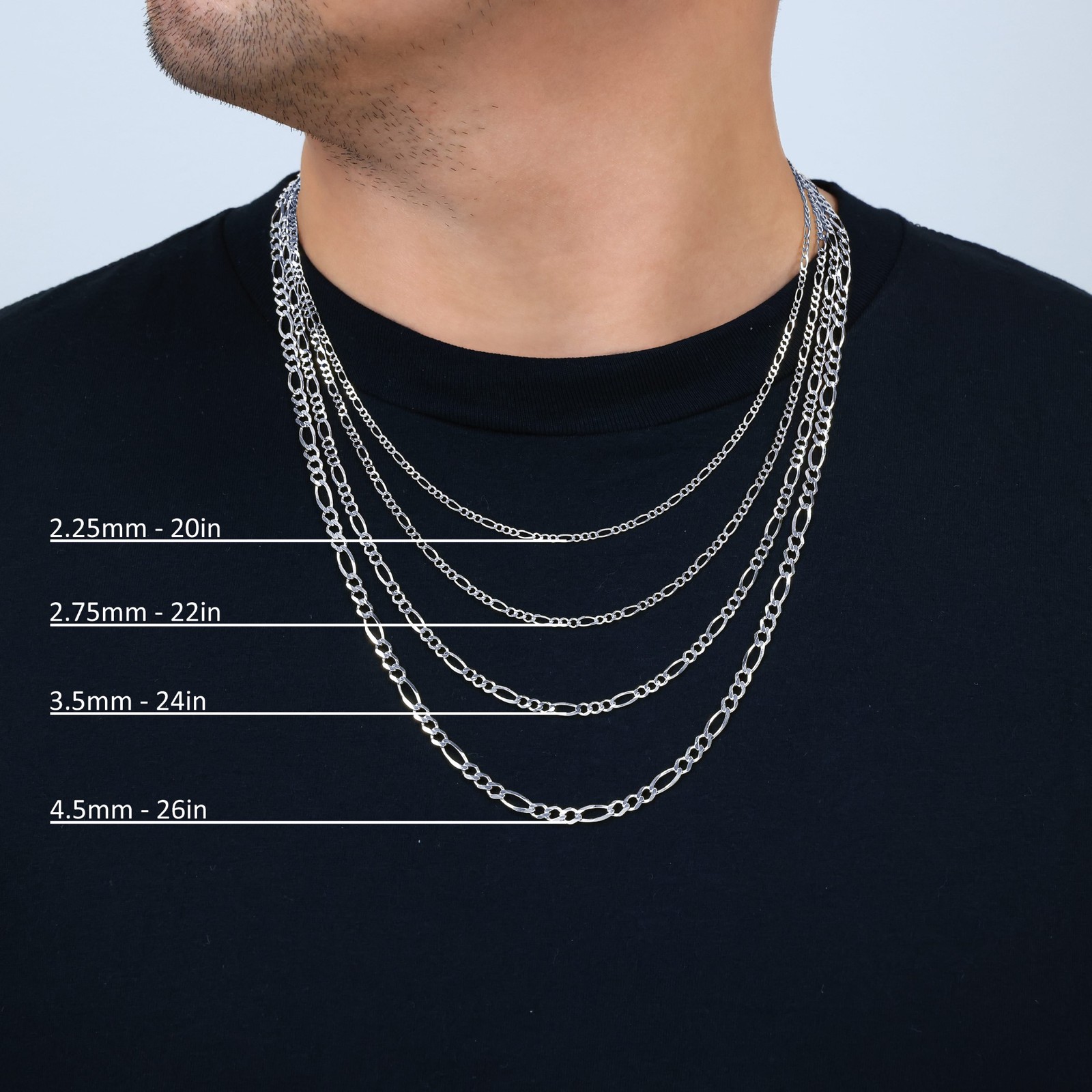 10K White Gold Solid 2.25mm-6.5mm Figaro Chain Necklace Mens Womens 16″- 30″