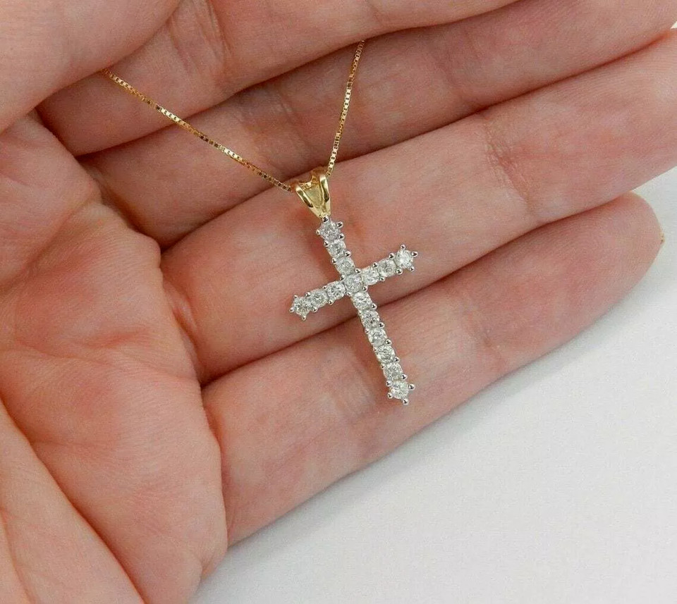 2 CT Round Cut Diamond Cross Pendant Necklace 14K Yellow Gold Over Free Chain