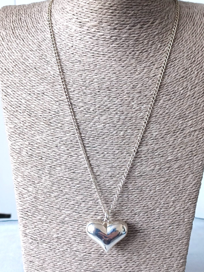 925 Sterling Silver Large Puffed Heart Pendant Necklace Stamped ART 925V1 VTG