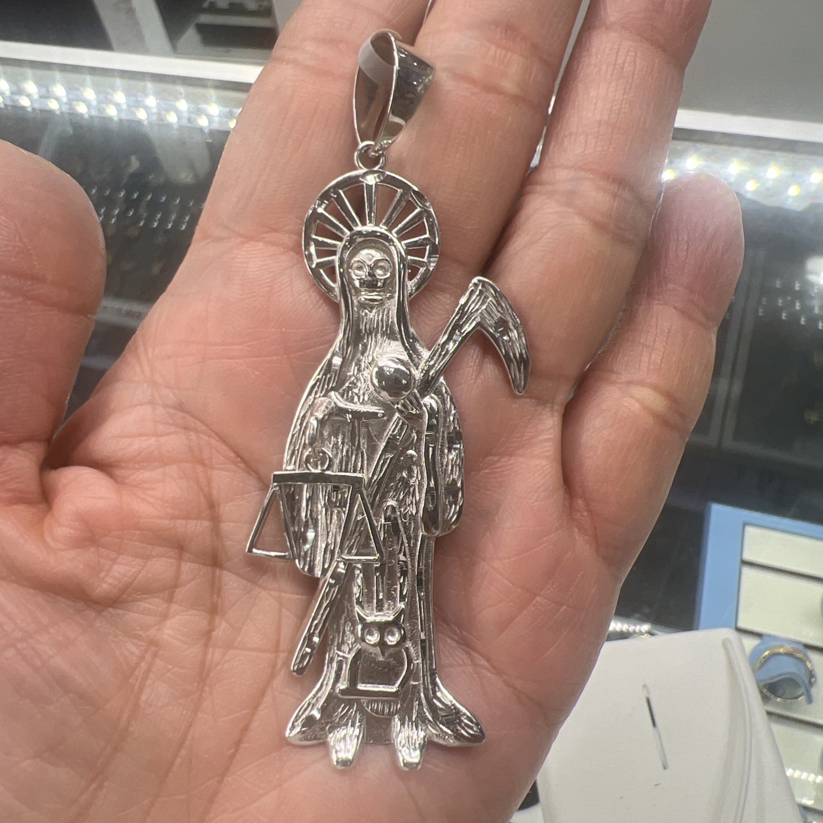 Sterling Silver Grim Reaper Pendant Dije de la Santa Muerte en PLATA XLarge 3”