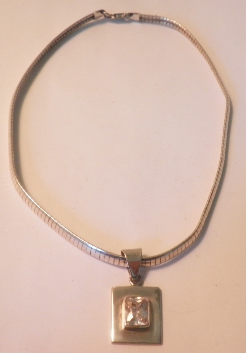 Sterling Silver 16″ Chain Necklace 7mm w/ Crystal Pendant 36.1 Grams-Excellent!