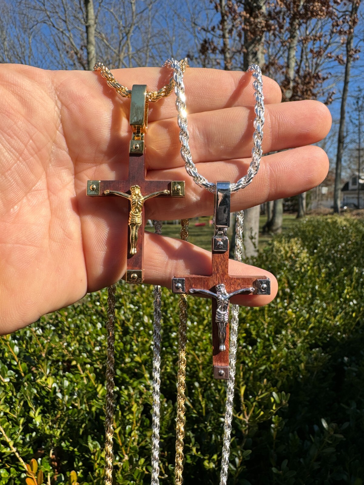 Plain Real 925 Silver & Natural Wood Jesus Cross Pendant Necklace ITALY Handmade