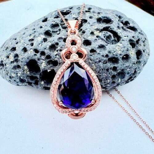 5Ct Pear Cut Amethyst Diamond Teardrop Pendant 14K Rose Gold Finish Free Chain