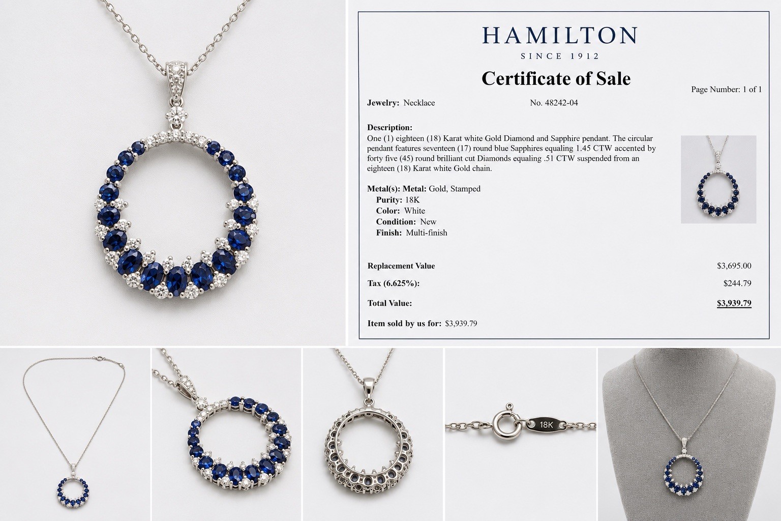 18K White Gold Diamond- Blue Sapphire Circle Pendant Necklace 1.45 CTW Sapphires