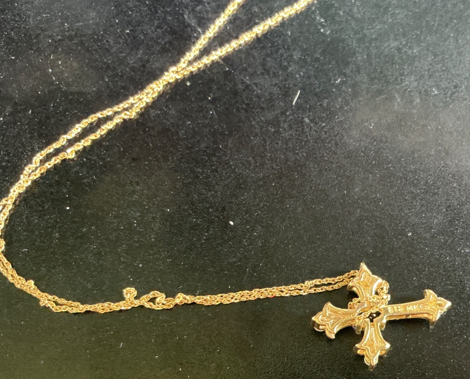 AMORO 14K Gold Cross Pendant & Chain 2.5g TW Diamond Sapphire? EXCELLENT