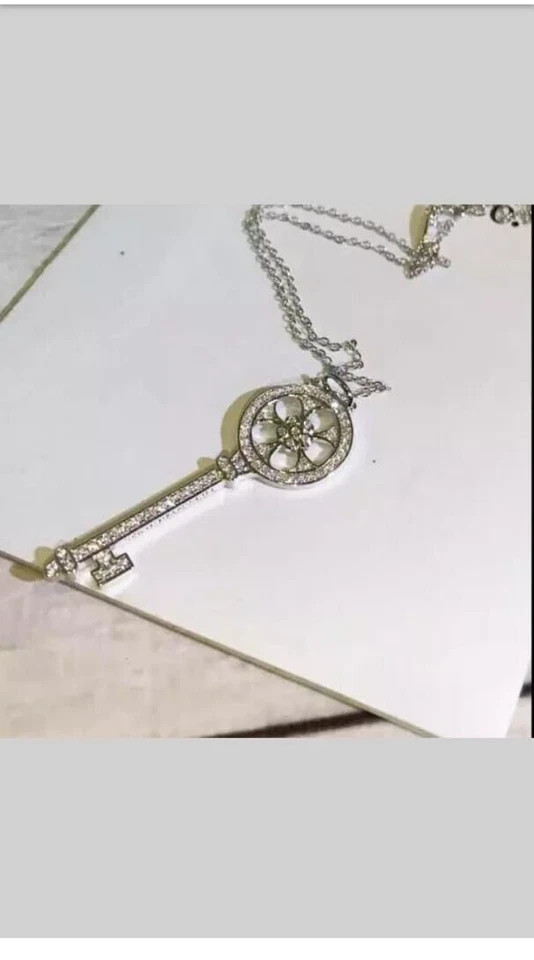 1Ct Lab Created Diamond Round Key Pendant 14K White Gold Plated Free Chain 18”