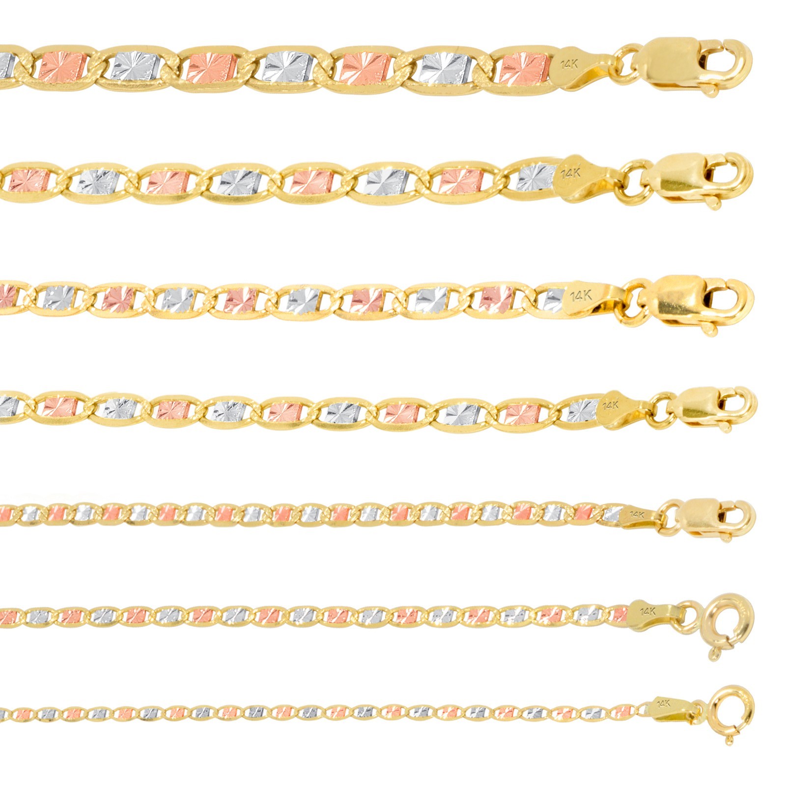 14K Yellow Rose White Gold 1.5mm-6mm Valentino Chain Necklace Bracelet 7″- 26″
