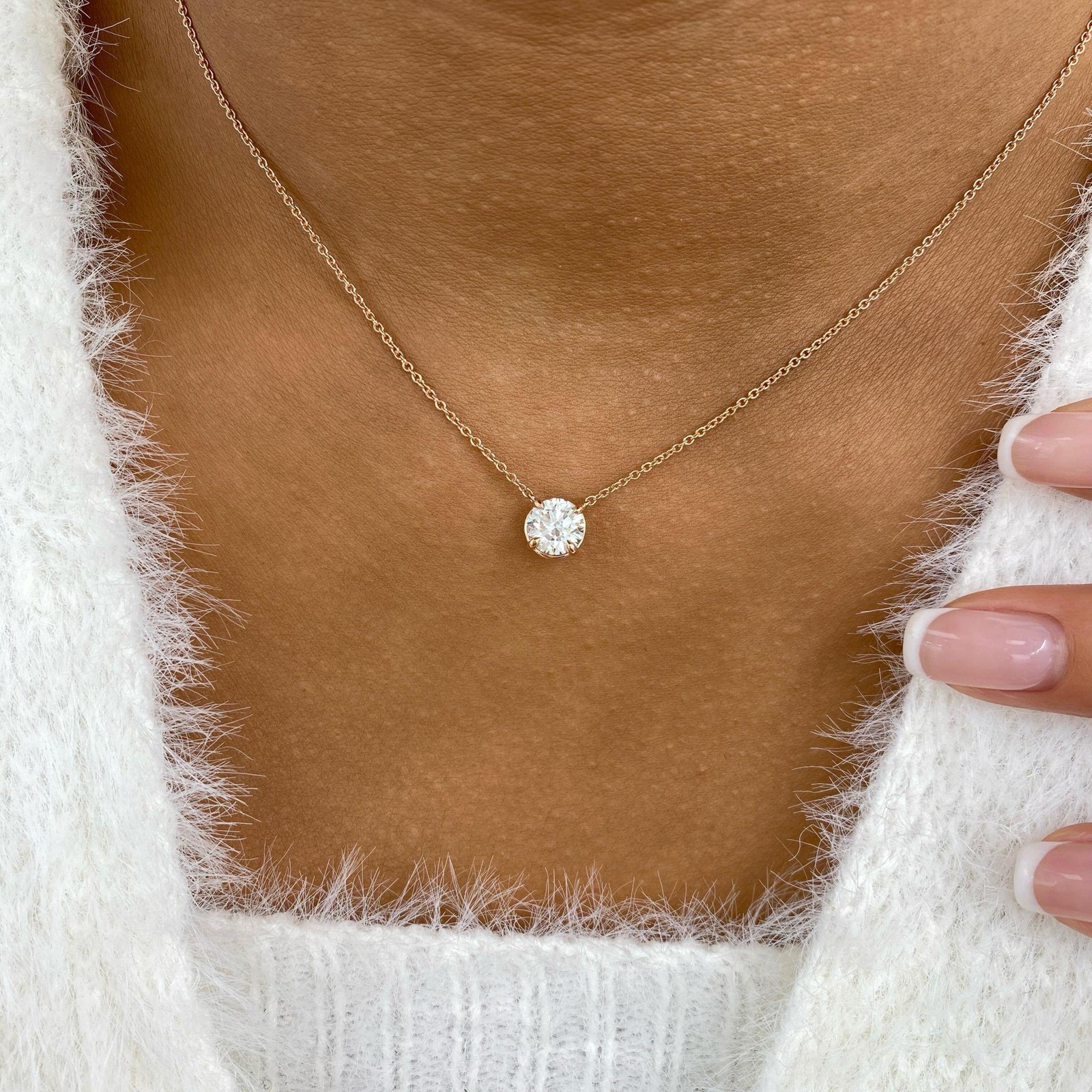 14K Rose Gold Solitaire Necklace 1ct Round E/VVS2 Labcreated Diamond Certified
