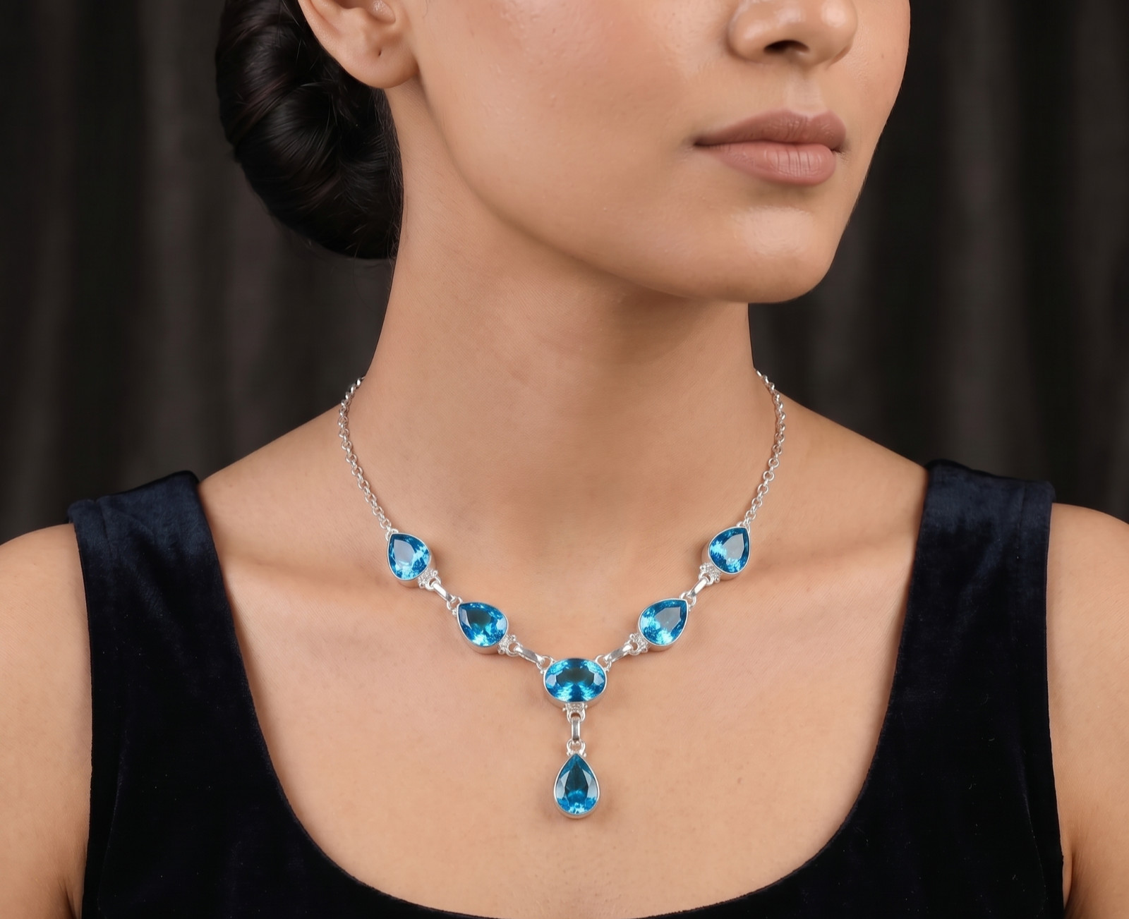 Swiss Blue Topaz Gems Necklace 925 Sterling Silver Women Artisan Jewelry S-18″