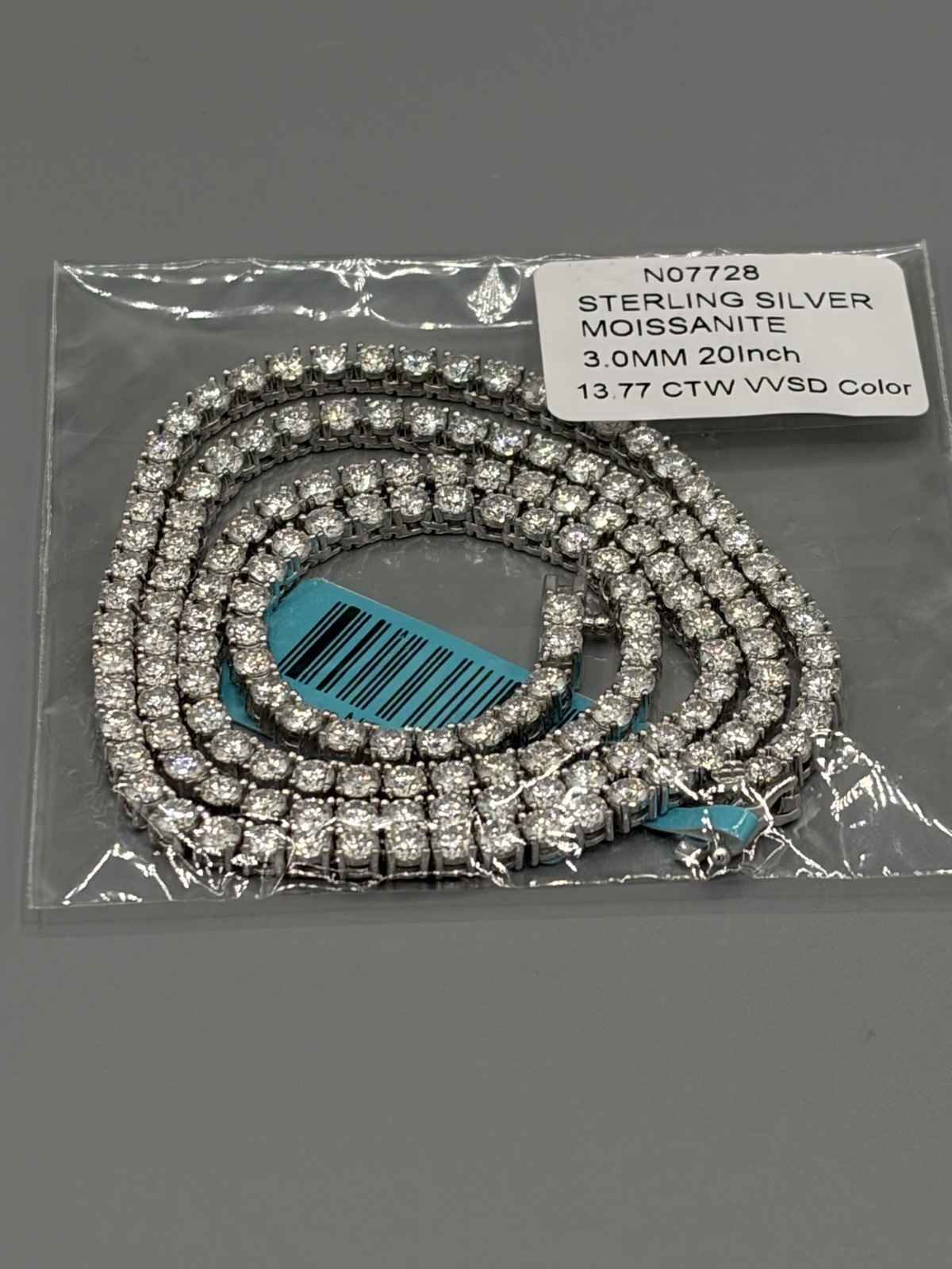 Moissanite Tennis Chain Necklace – 3.0mm 13.77 CTW VVS D Color – 20″ 925 Silver