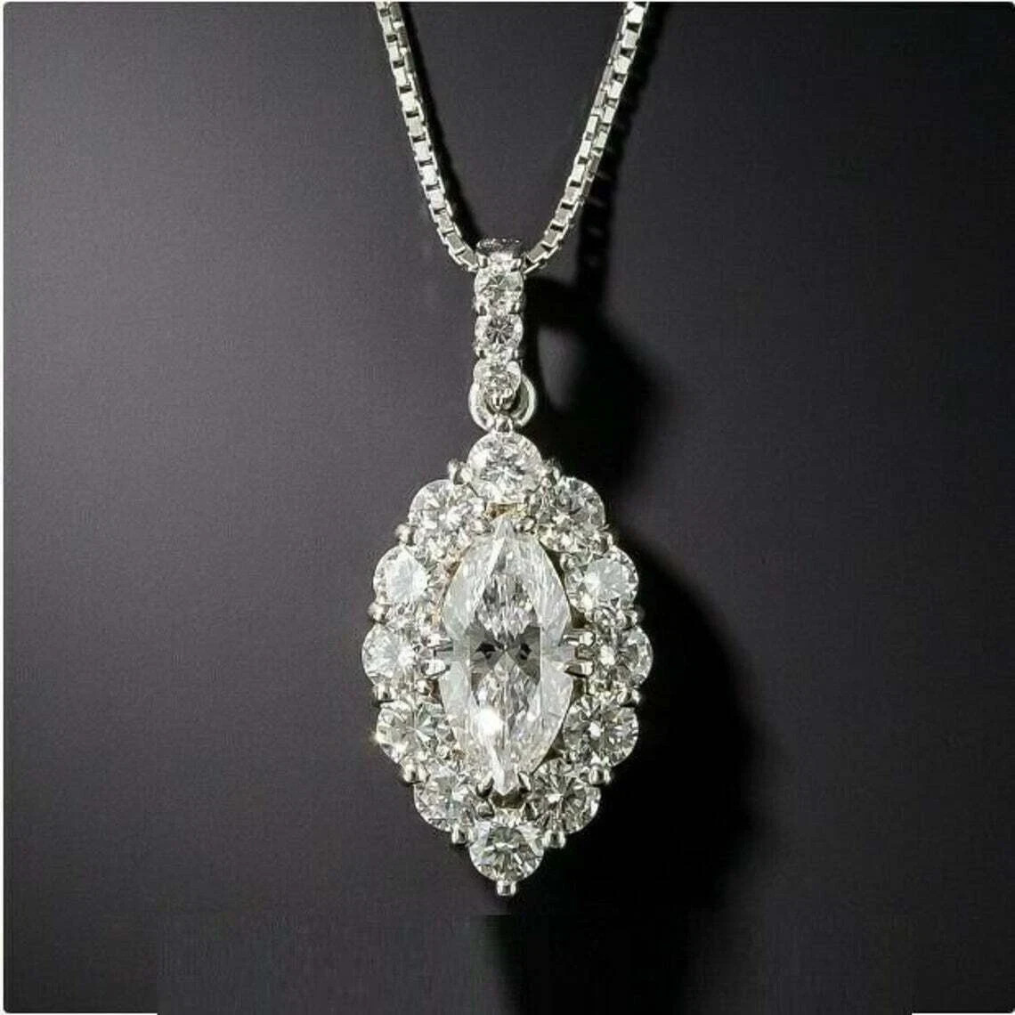 3 Carat Marquise Cut VVS1 Diamond Halo Pendant Necklace 14K White Gold Finish