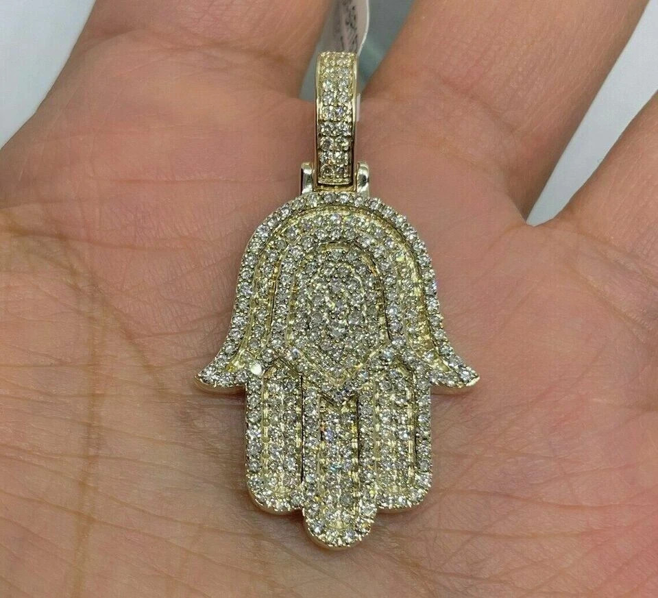 3Ct Round Cut Moissanite Hamsa Pendant Real 10K Yellow Gold Free Chain