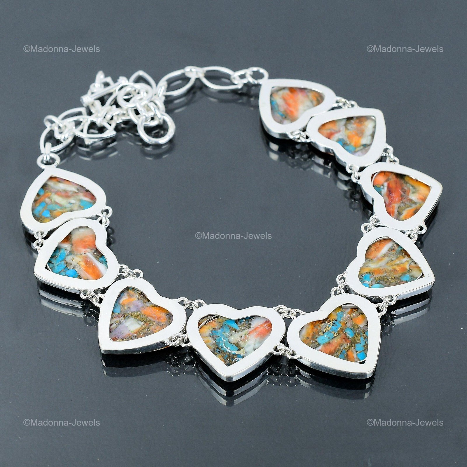 Spiny Oyster Copper Turquoise Gemstone Chain Elegant Necklace Jewelry 925 Silver