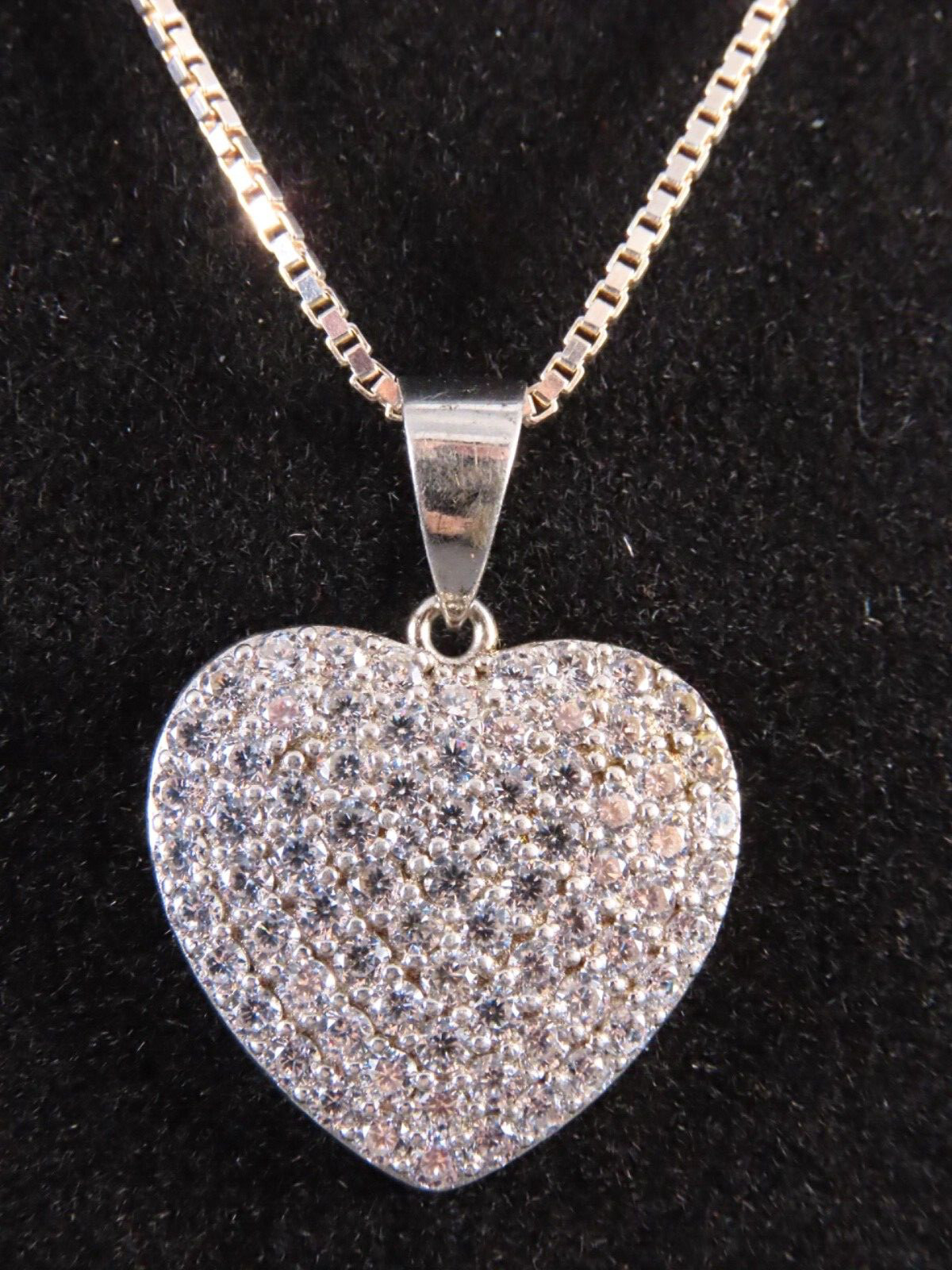 STERLING SILVER 23″ Chain Necklace CLEAR CZ PAVE HEART PENDANT DM Unisex Bling